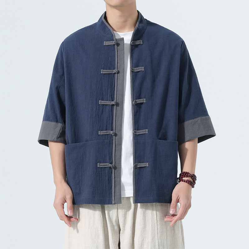 Buddha Stones Summer Casual Tang Style Frog Button Solid Cotton Men's Short Sleeve Shirts With Pocket - Navy - US/UK/AU46, EU56 (5XL) - image 0