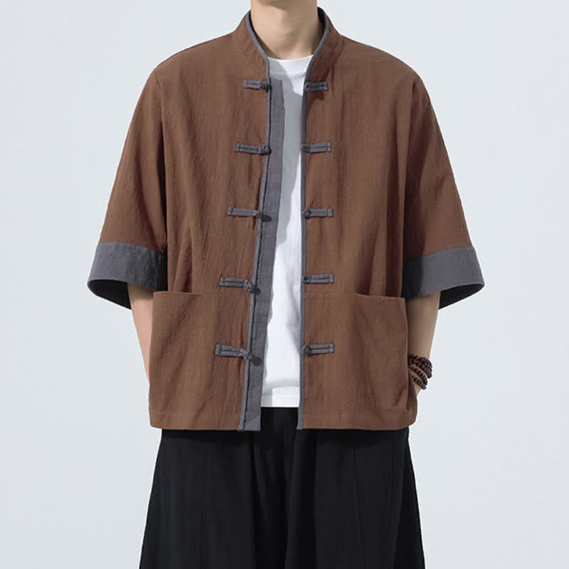 Buddha Stones Summer Casual Tang Style Frog Button Solid Cotton Men's Short Sleeve Shirts With Pocket - Sienna - US/UK/AU46, EU56 (5XL) - image 8