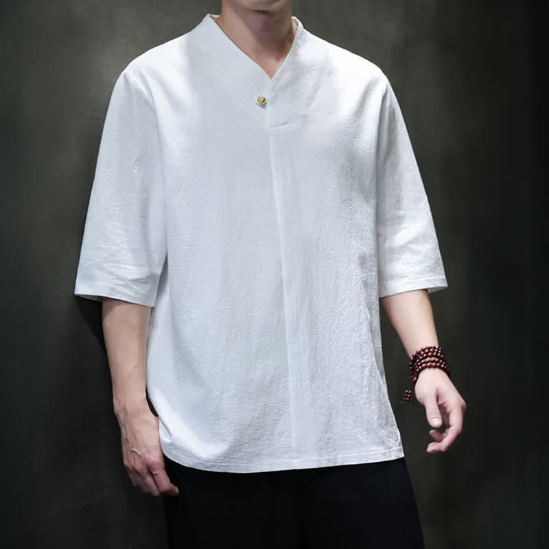 Buddha Stones Summer Casual Tang Style Mandarin Collar Solid Men's Short Sleeve Shirts - image 22