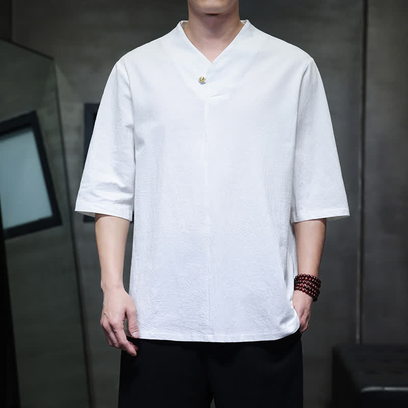 Buddha Stones Summer Casual Tang Style Mandarin Collar Solid Men's Short Sleeve Shirts - White - US/UK/AU46, EU56 (5XL) - image 18