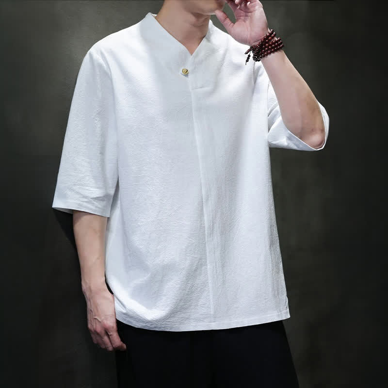 Buddha Stones Summer Casual Tang Style Mandarin Collar Solid Men's Short Sleeve Shirts - image 21