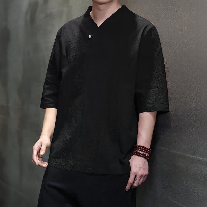 Buddha Stones Summer Casual Tang Style Mandarin Collar Solid Men's Short Sleeve Shirts - image 15