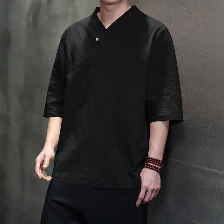 Buddha Stones Summer Casual Tang Style Mandarin Collar Solid Men's Short Sleeve Shirts - image 15