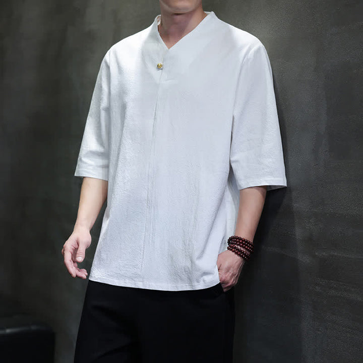 Buddha Stones Summer Casual Tang Style Mandarin Collar Solid Men's Short Sleeve Shirts - image 20