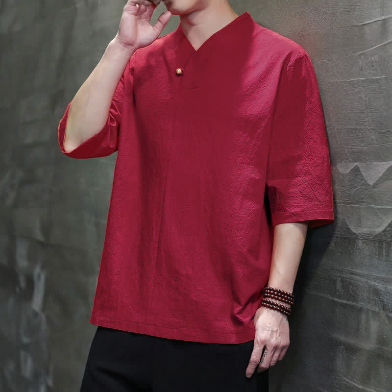 Buddha Stones Summer Casual Tang Style Mandarin Collar Solid Men's Short Sleeve Shirts - image 8