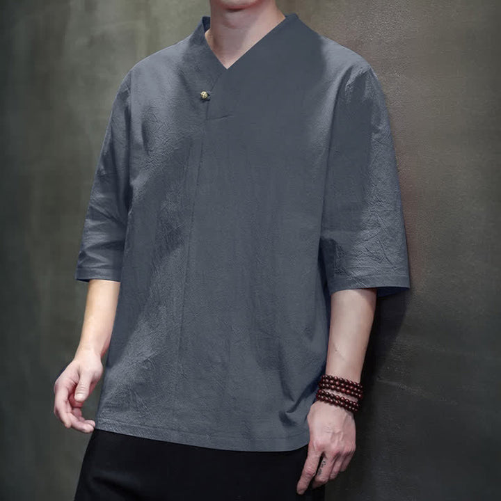 Buddha Stones Summer Casual Tang Style Mandarin Collar Solid Men's Short Sleeve Shirts - image 4