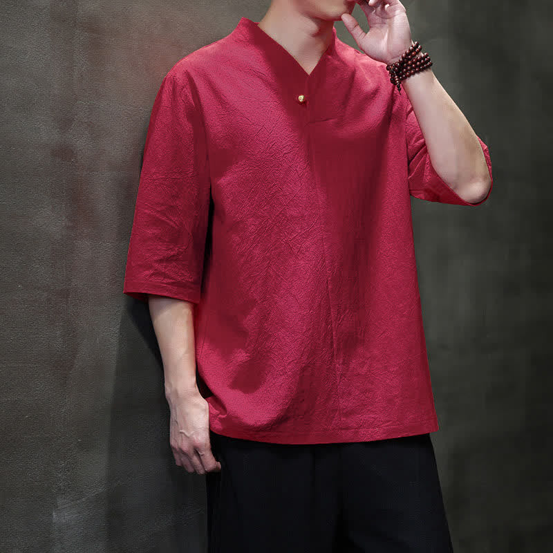 Buddha Stones Summer Casual Tang Style Mandarin Collar Solid Men's Short Sleeve Shirts - image 11