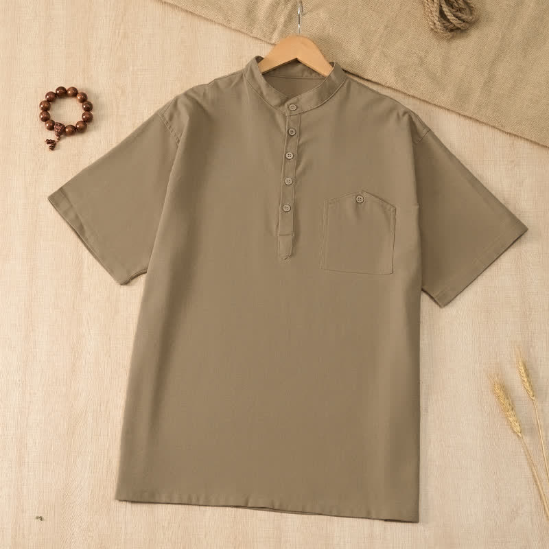 Buddha Stones Summer Casual Tang Style Mandarin Collar Solid Men's Short Sleeve Shirts With Pocket - Tan - US/UK/AU42, EU52 (3XL) - image 0