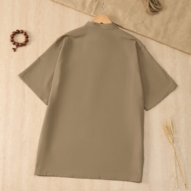 Buddha Stones Summer Casual Tang Style Mandarin Collar Solid Men's Short Sleeve Shirts With Pocket - image 1