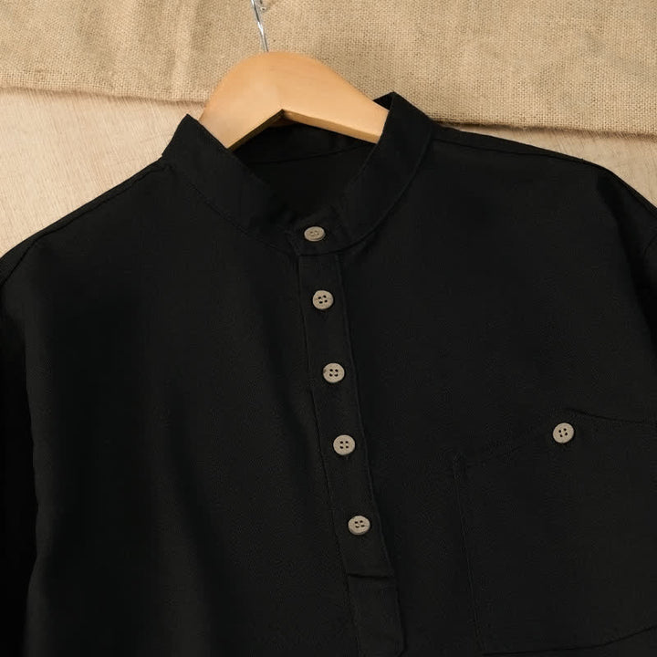 Buddha Stones Summer Casual Tang Style Mandarin Collar Solid Men's Short Sleeve Shirts With Pocket - image 14