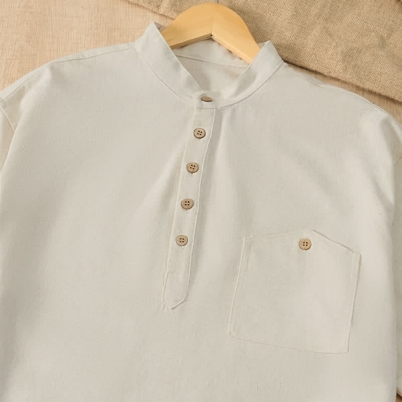 Buddha Stones Summer Casual Tang Style Mandarin Collar Solid Men's Short Sleeve Shirts With Pocket - image 22