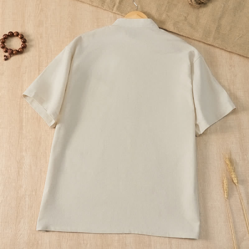 Buddha Stones Summer Casual Tang Style Mandarin Collar Solid Men's Short Sleeve Shirts With Pocket - image 20