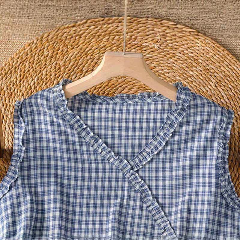 Buddha Stones Summer Casual Vintage Ruffle V-Neck Plaid Tank Top Women's Sleeveless T-Shirts - image 2