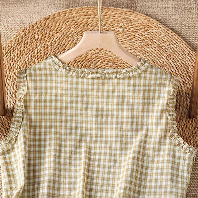 Buddha Stones Summer Casual Vintage Ruffle V-Neck Plaid Tank Top Women's Sleeveless T-Shirts - image 9