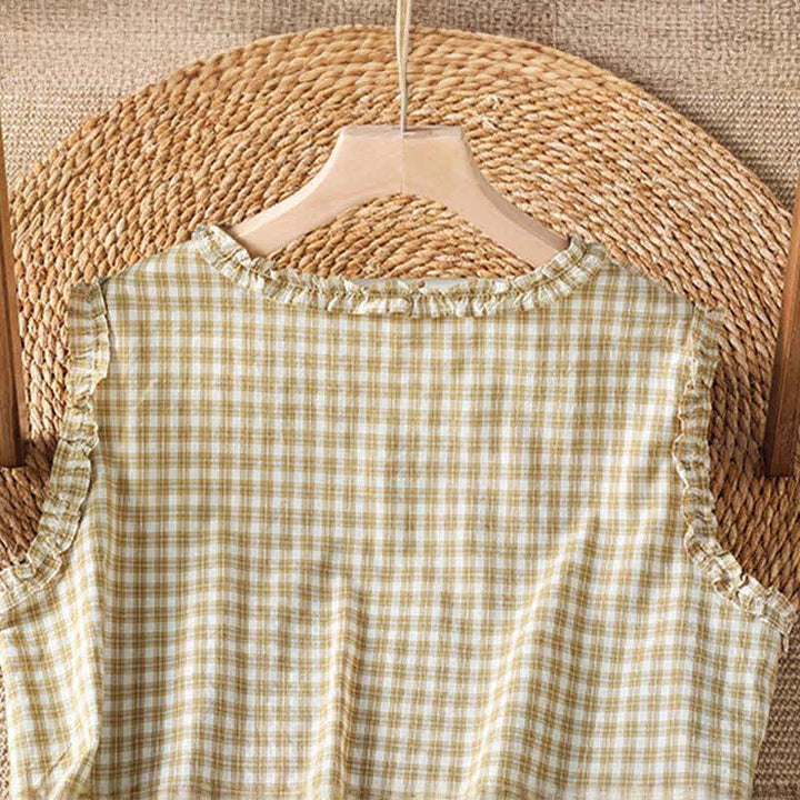 Buddha Stones Summer Casual Vintage Ruffle V-Neck Plaid Tank Top Women's Sleeveless T-Shirts - image 9