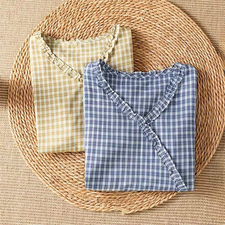 Buddha Stones Summer Casual Vintage Ruffle V-Neck Plaid Tank Top Women's Sleeveless T-Shirts - image 14