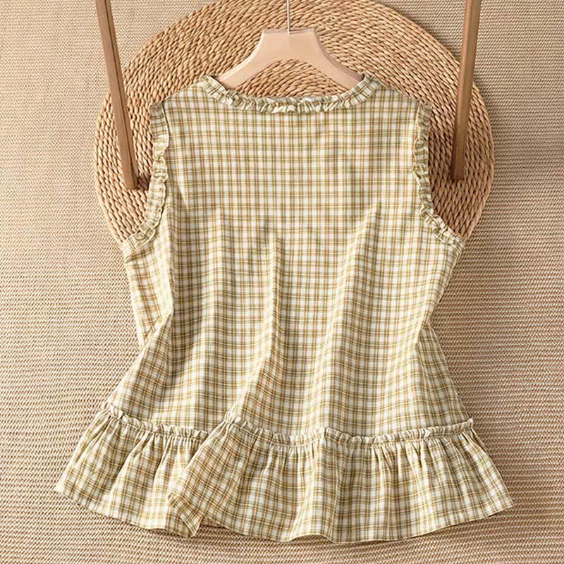 Buddha Stones Summer Casual Vintage Ruffle V-Neck Plaid Tank Top Women's Sleeveless T-Shirts - image 7