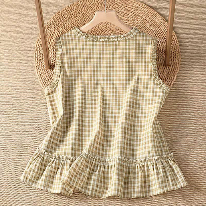 Buddha Stones Summer Casual Vintage Ruffle V-Neck Plaid Tank Top Women's Sleeveless T-Shirts - image 7
