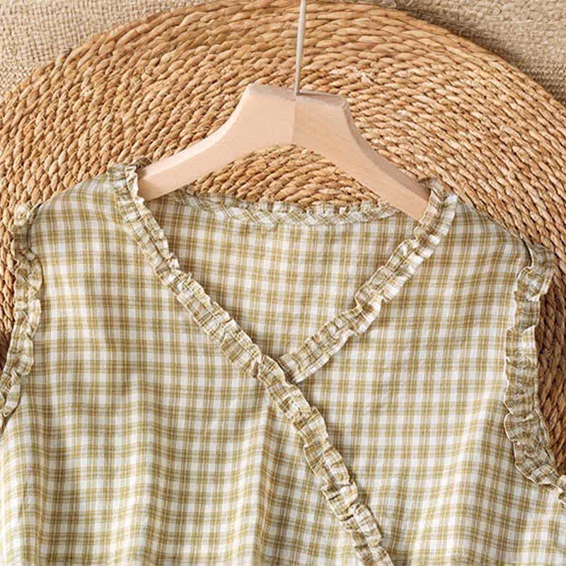 Buddha Stones Summer Casual Vintage Ruffle V-Neck Plaid Tank Top Women's Sleeveless T-Shirts - image 8