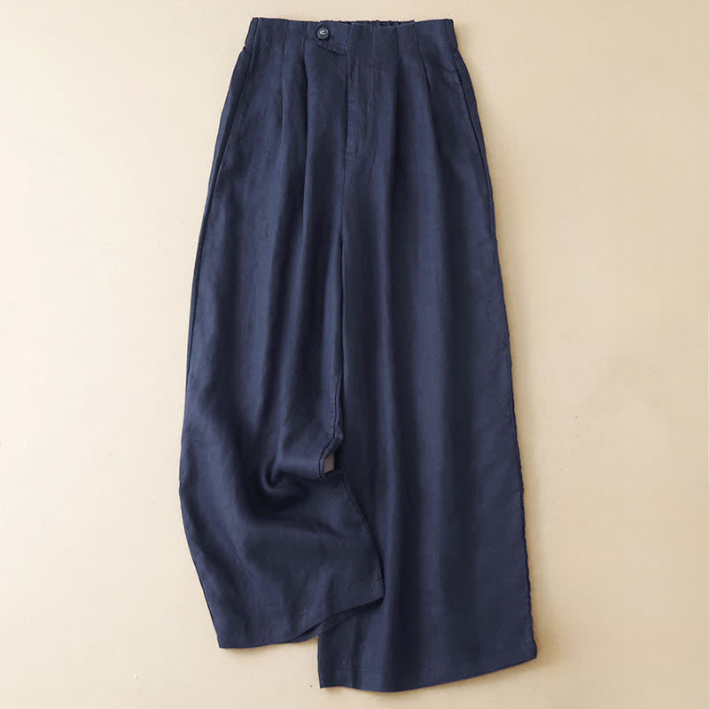 Buddha Stones Summer Casual Minimalist Button-Up Solid Ankle Pants Women's Wide Leg Pants With Pocket - Navy - US8-10, UK/AU12-14, EU40-42 (2XL) - image 6