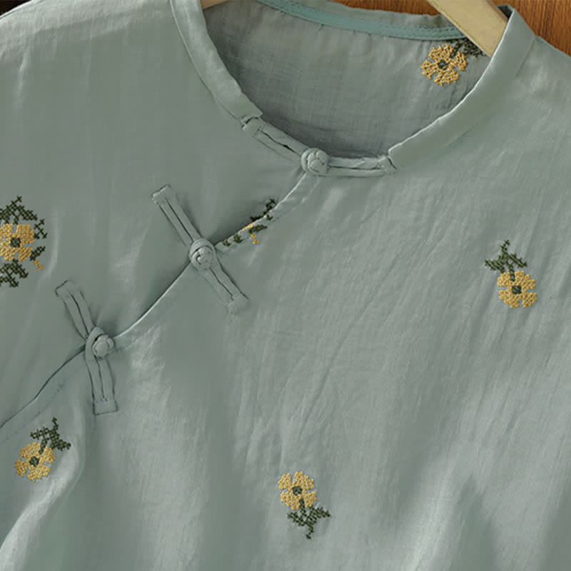 Buddha Stones Summer Casual Tang Style Mandarin Collar Embroidery Floral Tank Top Women's Sleeveless Shirts - image 12