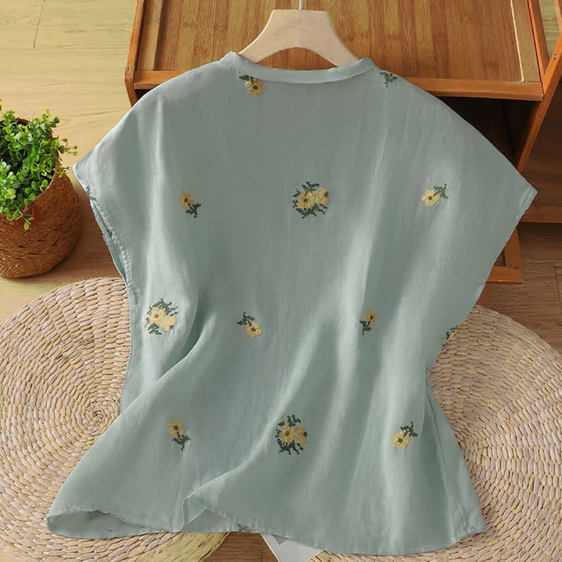 Buddha Stones Summer Casual Tang Style Mandarin Collar Embroidery Floral Tank Top Women's Sleeveless Shirts - image 9