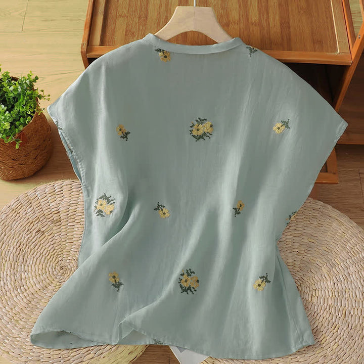 Buddha Stones Summer Casual Tang Style Mandarin Collar Embroidery Floral Tank Top Women's Sleeveless Shirts - image 9