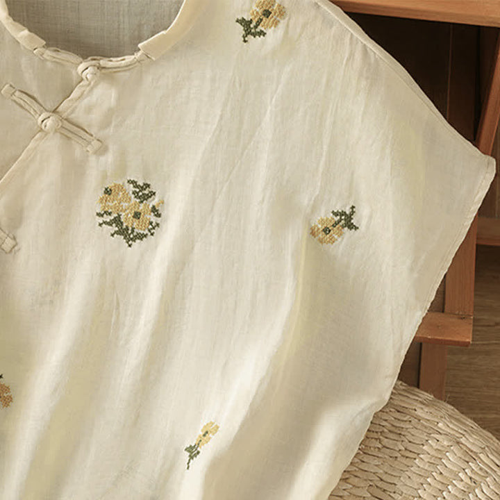 Buddha Stones Summer Casual Tang Style Mandarin Collar Embroidery Floral Tank Top Women's Sleeveless Shirts - image 5