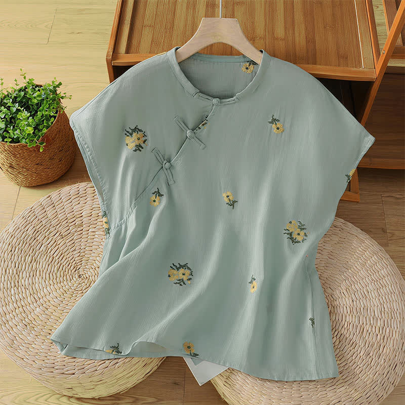 Buddha Stones Summer Casual Tang Style Mandarin Collar Embroidery Floral Tank Top Women's Sleeveless Shirts - CornflowerBlue - US12, UK/AU16, EU44 (2XL) - image 8