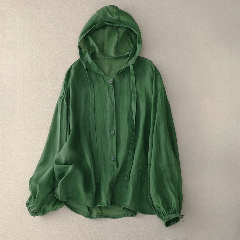 Buddha Stones Summer Casual Minimalist Button-Up Drawstring Solid Women's Long Sleeve Shirts With Pocket - SeaGreen - US14, UK/AU18, EU46 (2XL) - image 4