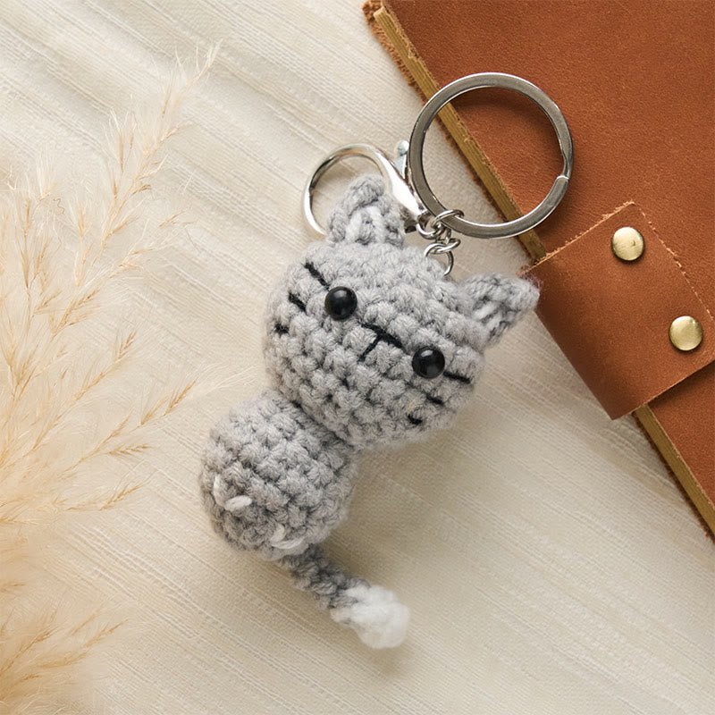 Buddha Stones Handmade Crochet Light Gray Cute Cat Charm Gift Keychains - Cotton (Softness ♥ Breathability) - image 0