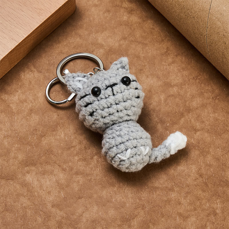 Buddha Stones Handmade Crochet Light Gray Cute Cat Charm Gift Keychains - image 3