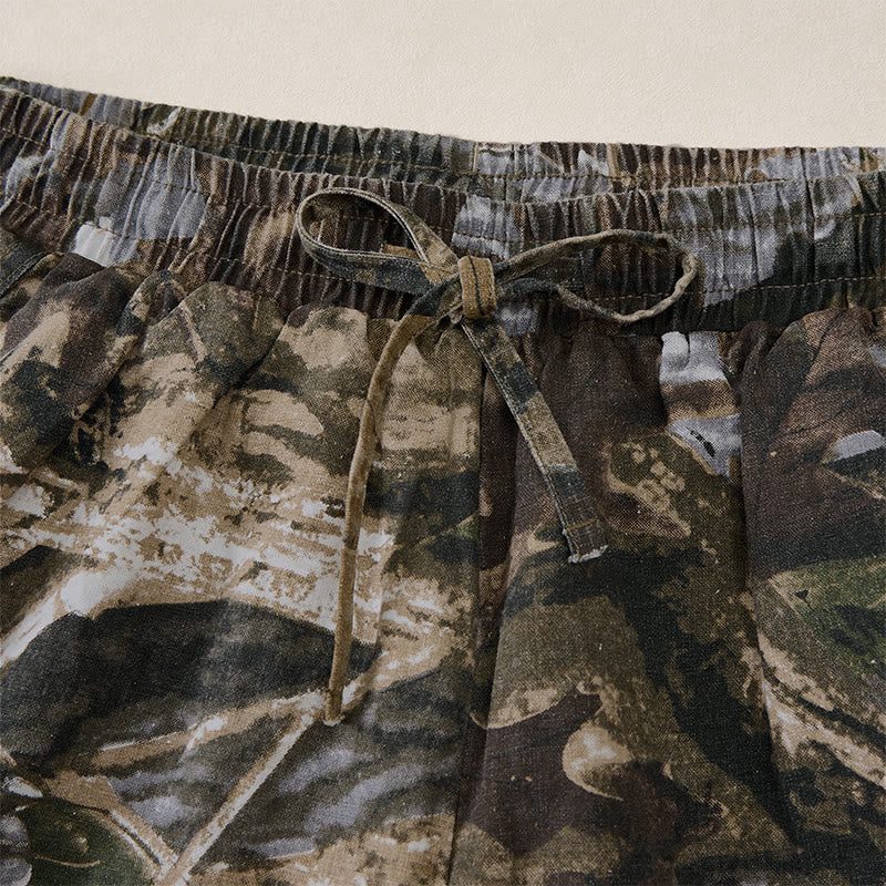 Buddha Stones Summer Casual Athletic Drawstring Camouflage Leaves Cotton Ramie Men's Shorts With Pockets - image 3