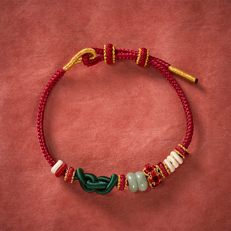 Buddha Stones Handmade Braided Ruyi Peach Blossoms Knot Jade Luck Adjustable Bracelet - image 1