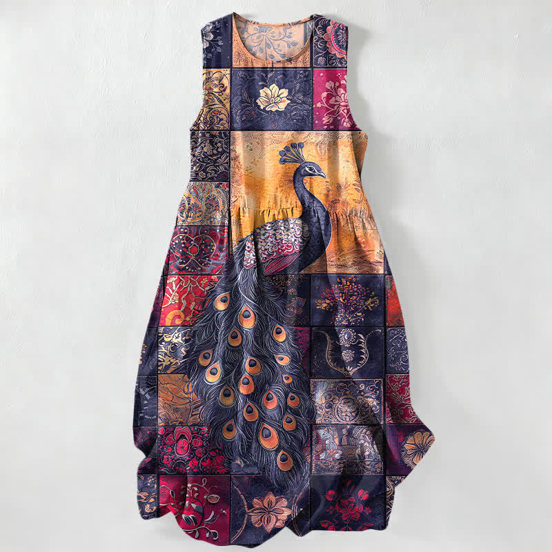 Buddha Stones Summer Casual Peacock Patchwork Pattern Women's Summer Sleeveless Midi Dress With Pockets - Indigo - US16，UK/AU20，EU48 (3XL) - image 4