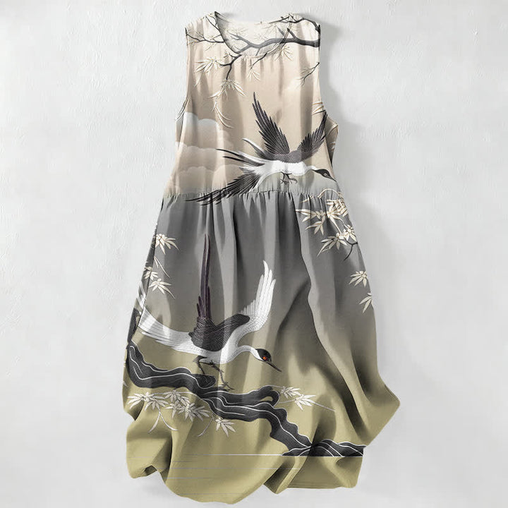 Buddha Stones Summer Casual Crane Bamboo Pattern Women's Summer Sleeveless Midi Dress With Pockets - Olive - US16，UK/AU20，EU48 (3XL) - image 5