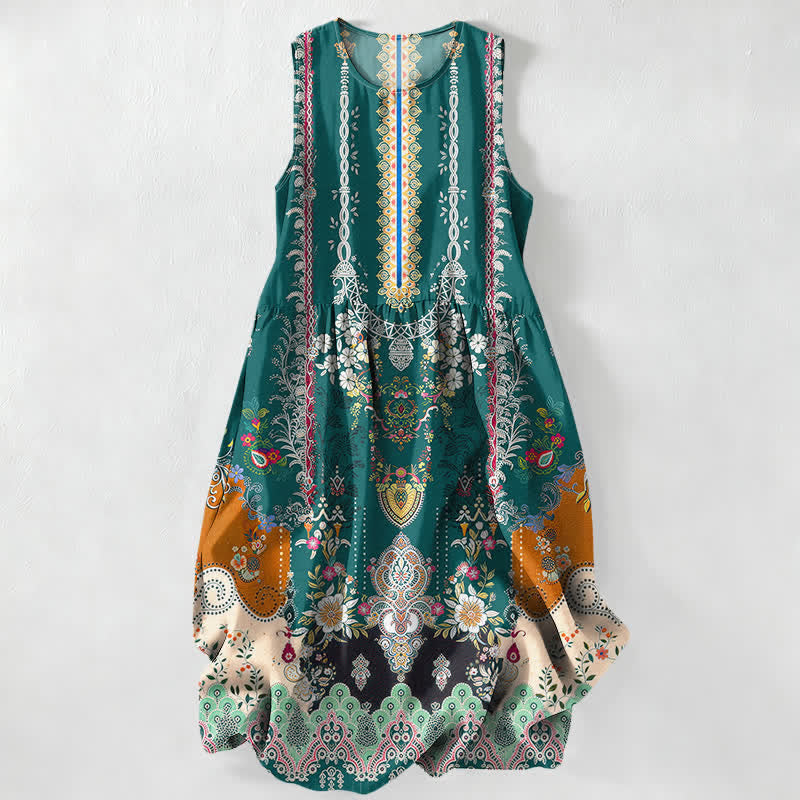 Buddha Stones Summer Casual Vintage Floral Medallions Leaves Pattern Women's Summer Sleeveless Midi Dress With Pockets - Teal - US16，UK/AU20，EU48 (3XL) - image 0
