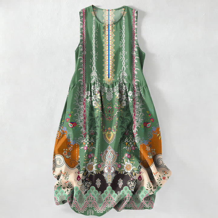 Buddha Stones Summer Casual Vintage Floral Medallions Leaves Pattern Women's Summer Sleeveless Midi Dress With Pockets - ForestGreen - US16，UK/AU20，EU48 (3XL) - image 4