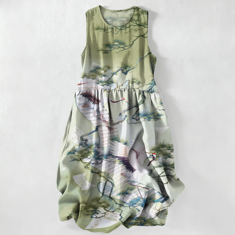 Buddha Stones Summer Casual Ink Wash Crane Pine Pattern Women's Summer Sleeveless Midi Dress With Pockets - PaleGreen - US16，UK/AU20，EU48 (3XL) - image 4