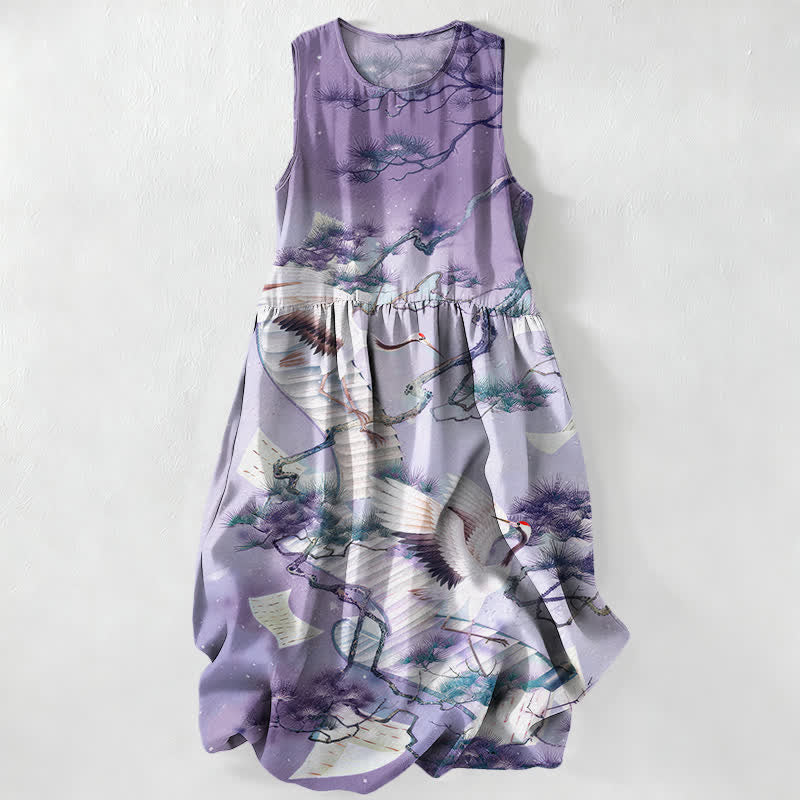 Buddha Stones Summer Casual Ink Wash Crane Pine Pattern Women's Summer Sleeveless Midi Dress With Pockets - Lavender - US16，UK/AU20，EU48 (3XL) - image 5