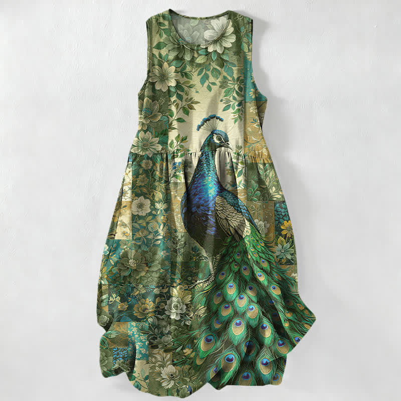 Buddha Stones Summer Casual Peacock Floral Patchwork Pattern Women's Summer Sleeveless Midi Dress With Pockets - OliveDrab - US16，UK/AU20，EU48 (3XL) - image 4