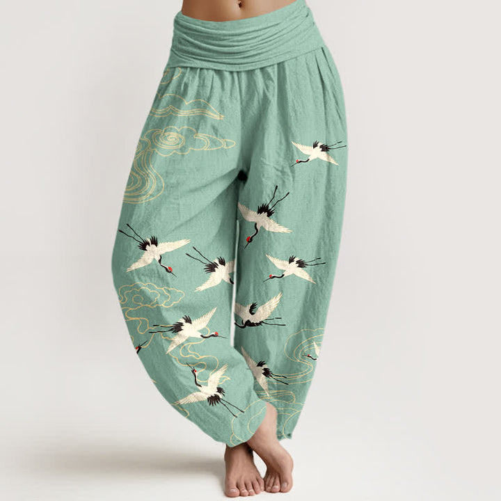 Buddha Stones Cotton Flying Crane Pattern Women's Elastic Waist Harem Pants - MediumAquamarine - US16，UK/AU20，EU48 (3XL) - image 0