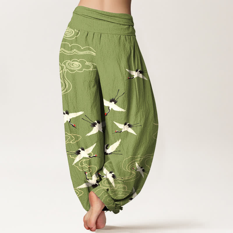 Buddha Stones Cotton Flying Crane Pattern Women's Elastic Waist Harem Pants - image 7