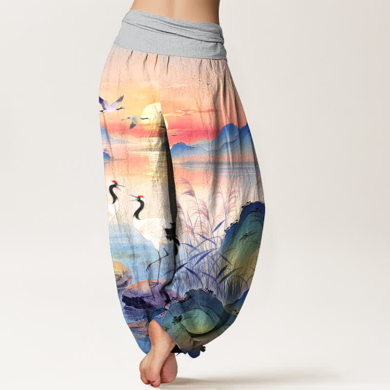 Buddha Stones Cotton Sunrise Mountain Crane Pattern Women's Elastic Waist Harem Pants - image 7