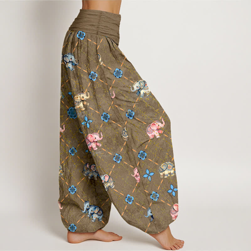 Buddha Stones Cotton Elephant Floral Pattern Women's Elastic Waist Harem Pants - image 6