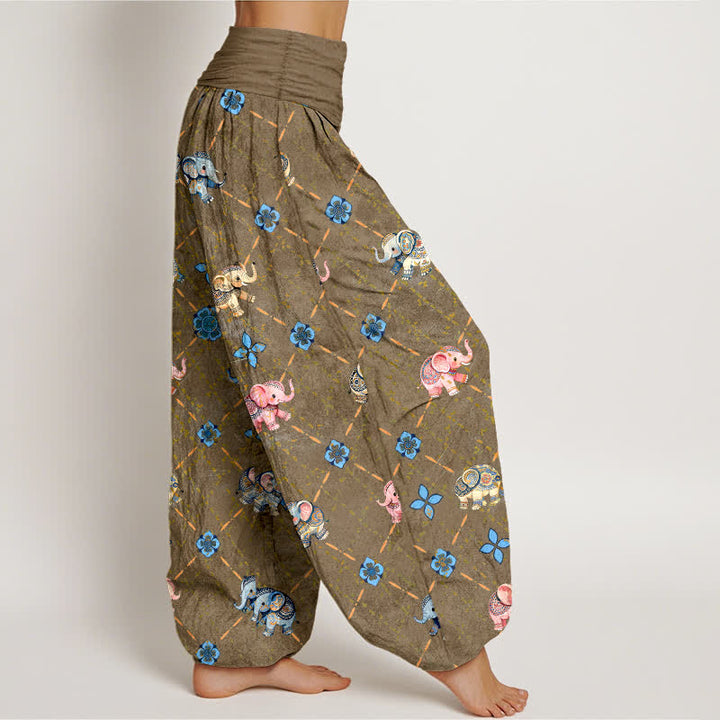 Buddha Stones Cotton Elephant Floral Pattern Women's Elastic Waist Harem Pants - image 6