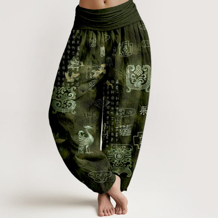 Buddha Stones Cotton Phoenix Cloud Pattern Women's Elastic Waist Harem Pants - DarkOliveGreen - US16，UK/AU20，EU48 (3XL) - image 5