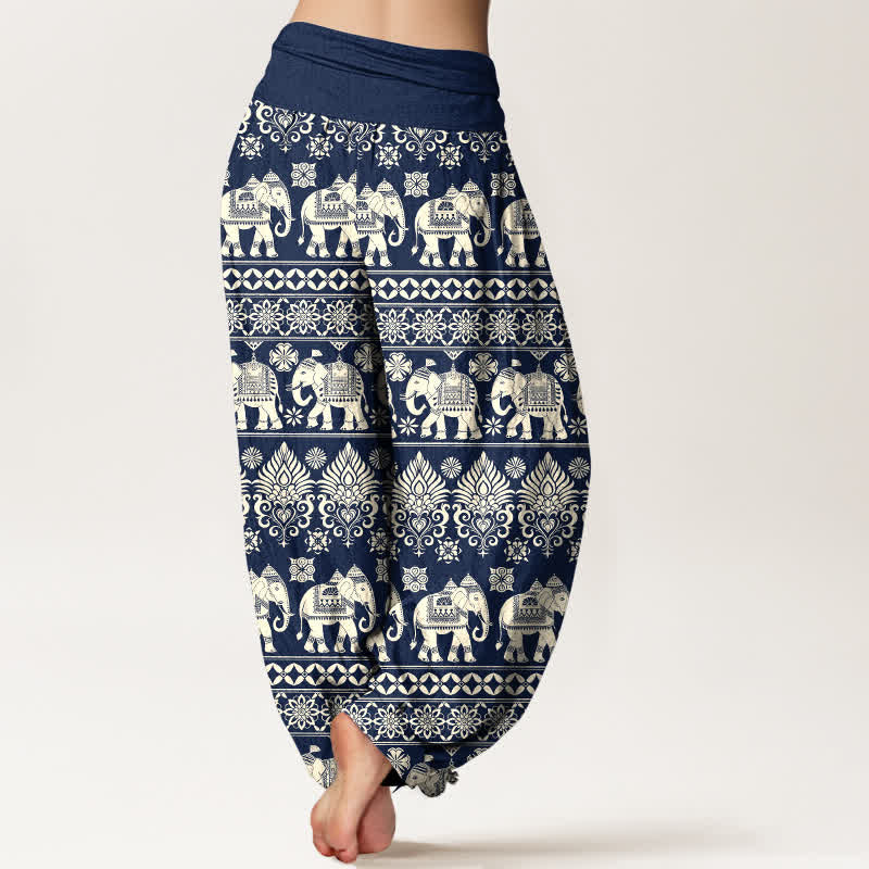 Buddha Stones Cotton Elephant Tribal Stripe Pattern Women's Elastic Waist Harem Pants - image 1