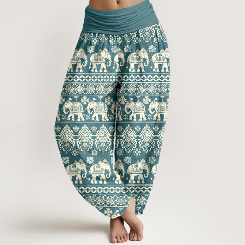 Buddha Stones Cotton Elephant Tribal Stripe Pattern Women's Elastic Waist Harem Pants - Teal - US16，UK/AU20，EU48 (3XL) - image 8