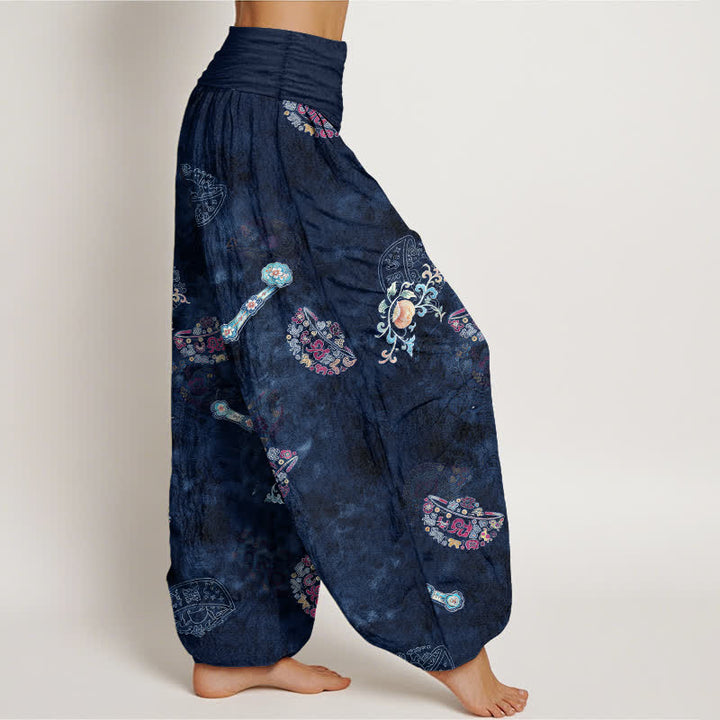 Buddha Stones Cotton Bohemian Floral Fan Pattern Women's Elastic Waist Harem Pants - image 9